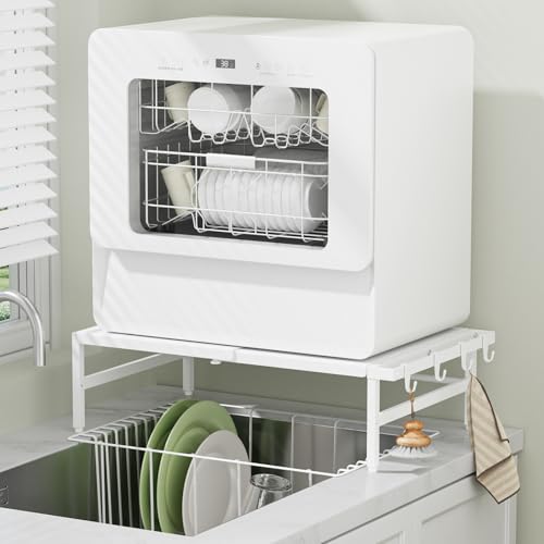 TKUIN 食洗機 ラック W38～60×D36×H17cm 伸縮食洗器ラック 棚 シンクに渡せる 食洗機台 高耐荷重60kg 頑丈・安定 食器洗い乾燥機 置き台 段差対応アジャスター付き 滑り止め フック4個付き 布巾や引っ掛け収納 シンクサイド シンク上収納 作業スペース確保 省スペース おしゃれ スリム (ホワイト)